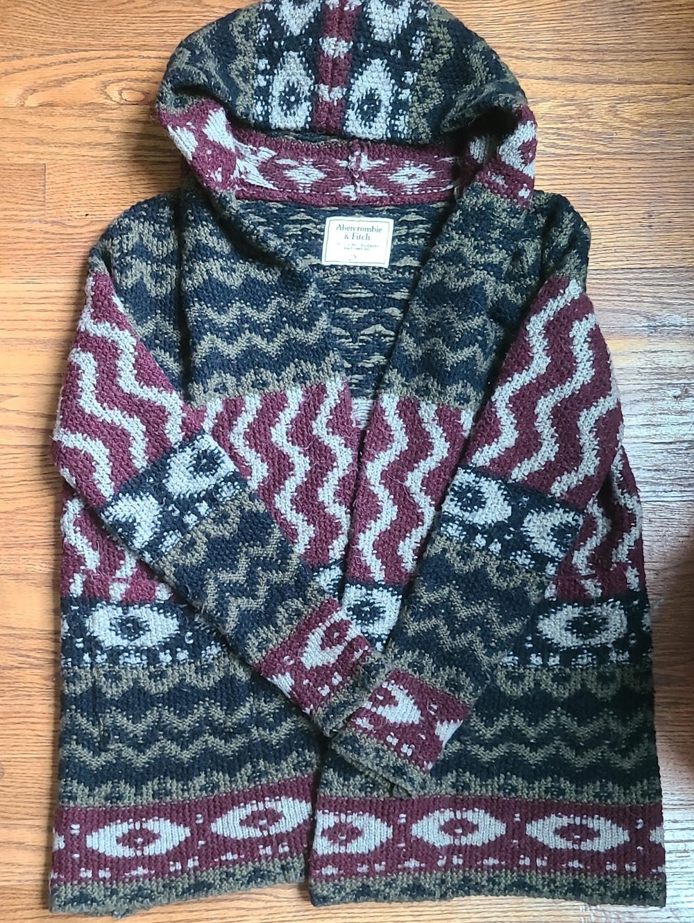 Abercrombie & Fitch Hooded Patterned Cardigan - Burgundy, Navy, Cream